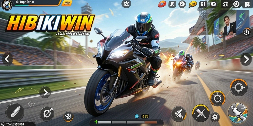 Gameplay HIBIKIWIN yang mendebarkan dengan sepeda motor balap.
